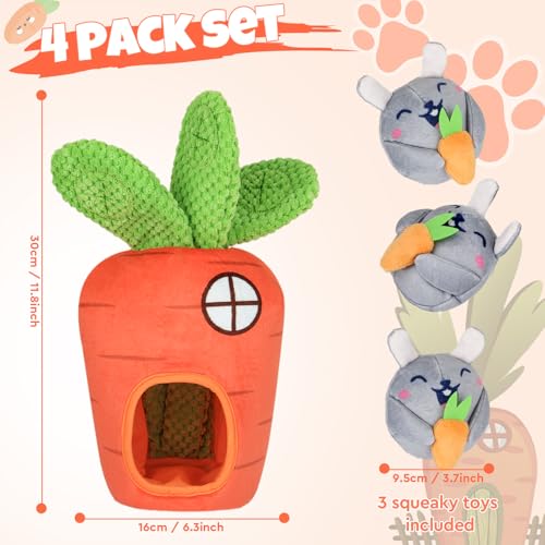Interactive Hide and Seek Squeaky Dog Plush Toy for Small Dogs, Carrot and Bunny Set, 4 Pack Set