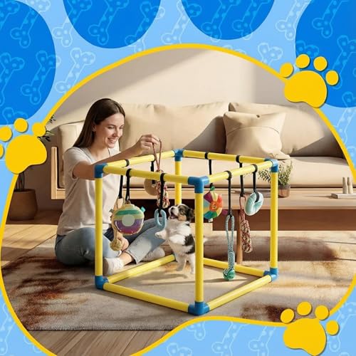 Soulchen Puppy Play Gym with 8 Hanging Toys, Small Dogs Enrichment Interactive Toys 16.5 Inch Pets Indoor Jungle Gym PVC Frame with Bungee Straps Enrichment Activity Center