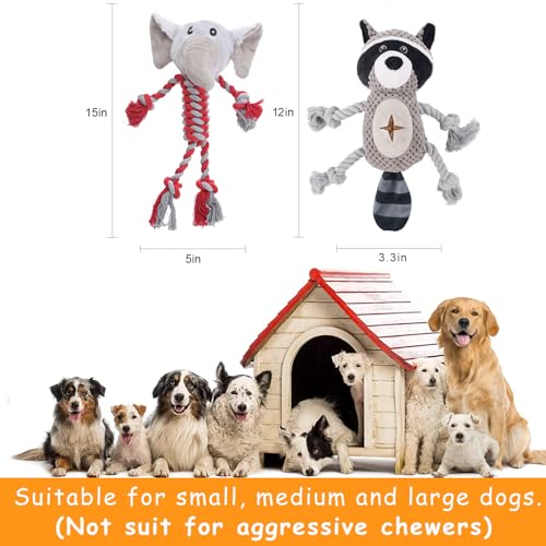 Elephant Rope Dog Toy, Plush Raccoon Squeaky Dog Toy, 2 Pack - color: Grey, Red