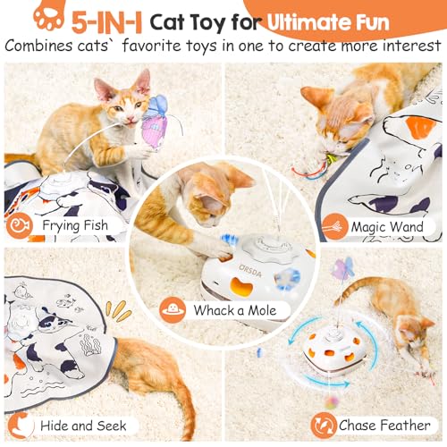 ORSDA Cat Toys for Indoor Cats, 5 in 1 Interactive Automatic Kitten Toys Rechargeable Electric Hide and Seek, Moving Feather, Whack-A-Mole, Spin Flying Teaser Wand Exercise Kicker, Gifts for Cat