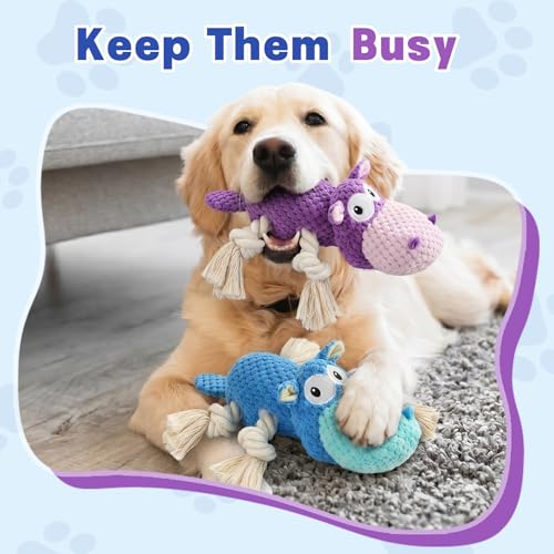 TOOPTATE 2-Pack Squeaky Hippo Dog Toys, Blue & Purple, Medium - color: Blue + Purple, size: Medium