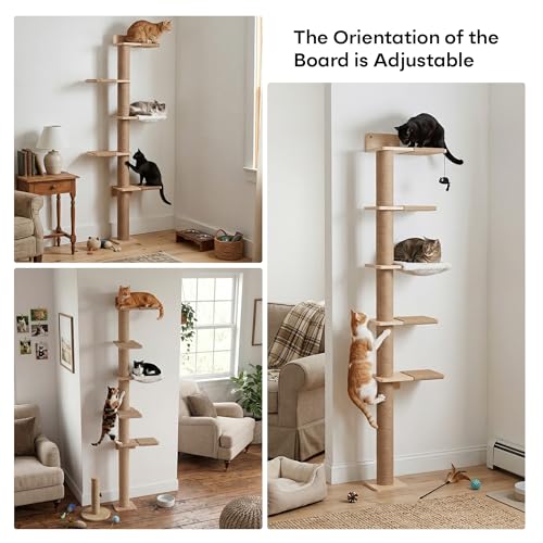 Tall Cat Tree, 5 Tier Floor Cats Tower, Wall-Mounted Kitten Sisal Scratching Post, with Cozy Hammock, Suitable for Climb, Scratch, Lookout and Play (Wall-Mounted) - size: Wall-Mounted