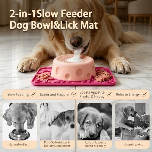Slow Feeder Dog Bowls with Rolling Ball & Lick Mat for Dogs and Cats - color: Black-A