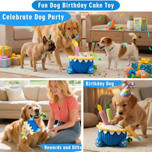 4-in-1 Dog Birthday Cake Toy, Interactive Snuffle Puzzle, Funny Dog Toys—Plush Squeaky Treat Dispenser with Cotton Rope, Hide ＆ Seek Enrichment Toy for Small/Medium/Large Dogs, Gotcha Day Party Gift