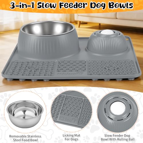 Dog Lick Bowl with Rolling Ball for Liquid and Thick Treat - color: Gray