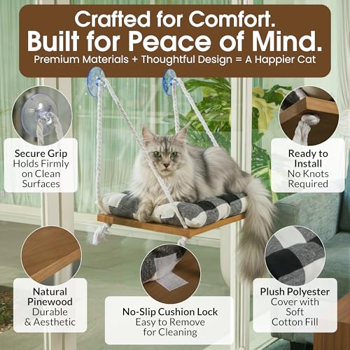 Cat Window Perch, Indoor Hammock Bed with Solid Pine Wood, 4 Industrial-Grade Suction Cups, Window Hammock with Soft Cushion for Cats, Space Saving Design - color: Black/white
