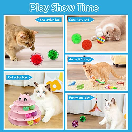 UPSKY 20 PCS Cat Toys Set with Teaser, Mice, Spring, and Various Ball Toys - color: B-Pink