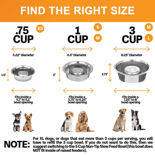 Neater Pet Brands Stainless Steel Slow Feed Dog Bowl for Fast Eating Large Breed, Metal Slow Feeder Dog Bowl Fits in Large Neater Feeders, for Puppy or Dogs (>40 lbs), 3 Cup Food Capacity - size: 3 Cup - Standard