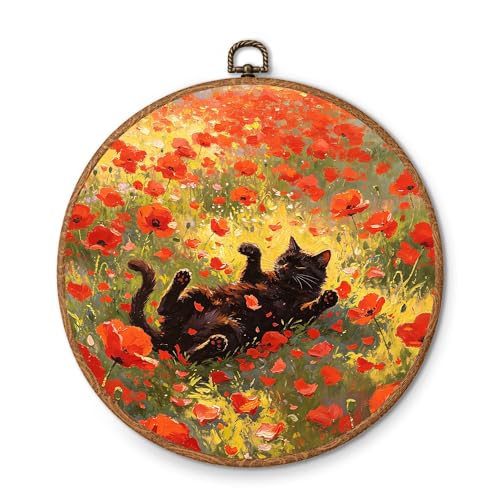 NQDWX Black Cat Wall Art, Poppy Flowers Black Cat Painting Framed Wall Art, Hanging Canvas Prints Farmhouse Bedroom Bathroom Living Room Decor, Cat Lover Gift 10x10 Inch (016) - color: Cat E