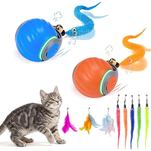 2 Pack Interactive Cat Toy Ball,Indoor Automatic Cat Toys with 8 Replaceable Worm and Feather Tails for Chasing,Rechargeable Enrichment Toys for Cats to Keep Them Busy,Orange + Blue - color: Orange + Blue, size: 2-Pack