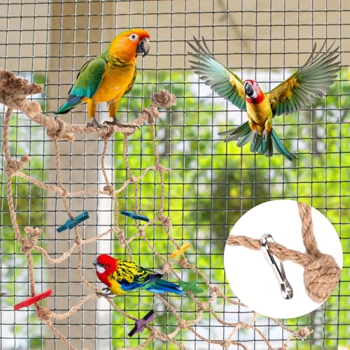 Parrot Climbing Rope Net, 21.65x20.87in Colorful Star Design Bird Hammock Ladder Seagrass Mat Chew Toys with 4pcs Hooks Cockatiels Cage Accessories for Pigeons Cockatoos Parakeets