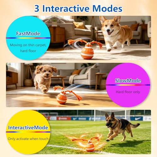 Interactive Dog Ball, 360° Self-Moving, USB-C, LED and Squeaker - color: orange