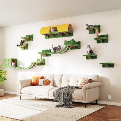 16-in-1 Cat Wall Shelves, Cat Furniture w/Tunnel & Bridge, Green - color: Green, size: 16-in-1