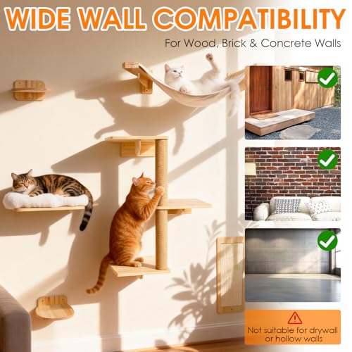 6 in 1 Cat Wall Shelves Climbing System with Sisal Scratching Perch - color: White