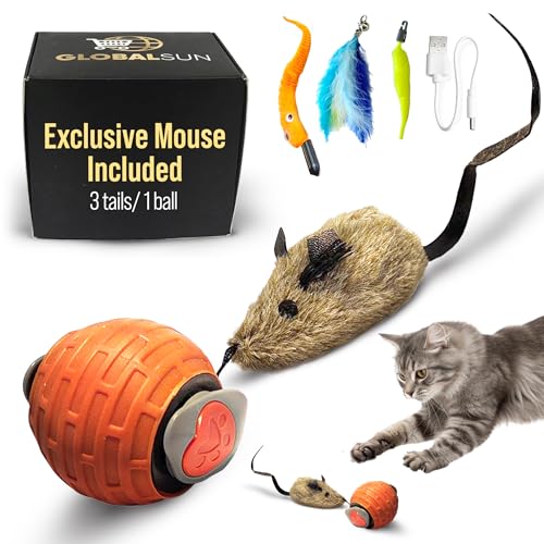 Interactive Cat Toy for Indoor Cats & Kittens – GlobalSun Speedy Tail 2.0 Motion Activated Automatic Cat Toy Ball – USB Rechargeable Moving Ball with 4 Tails Including Mouse for Enrichment