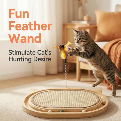 Cat Scratcher with Ball Track Feather,Sisal Scratch Pad for Cat Indoor Use,Cat Puzzle Toys Wooden Interactive Fit Kitten and Adult Cats,Indoor Entertainment Chasing Hunting Physical Exercise