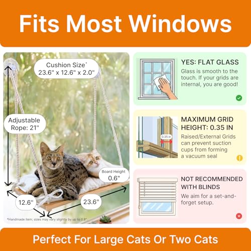 Large Cat Window Perch with Industrial-Grade Suction Cups – Solid Pine Wood Hammock Bed, Soft Cushion - 42 lb Capacity for Heavy Cats Inside - color: Beige, size: X-Large