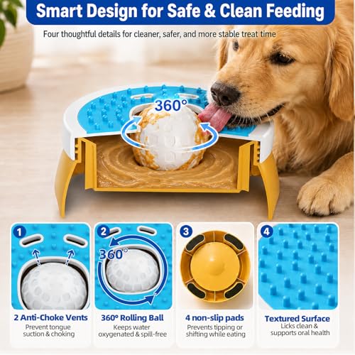KILIN Slow Feeder Dog Licking Bowl with Rolling Ball,4 Non-Slip Pads,8fl oz