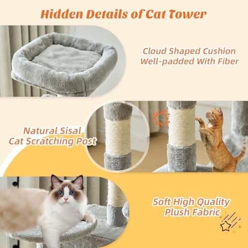 DUMOS 44 Inch Cat Tree Tower with Natural Sisal Scratching Posts - color: Light Grey, size: 44 Inch
