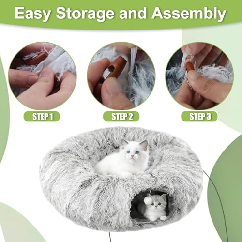 Cat Tunnel Bed for Indoor Cats, Plush Donut Tunnel with Washable Cushion