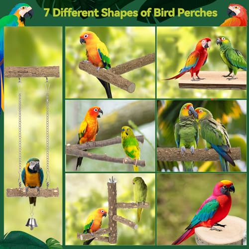 7PCS Natural Wood Bird Perch Set, Includes Paw Grinding Forks, Chewing Sticks, Exercise Branches, Hanging Multi-Branch Perch Platform, Swing Toy Rope Perches, for Medium Birds