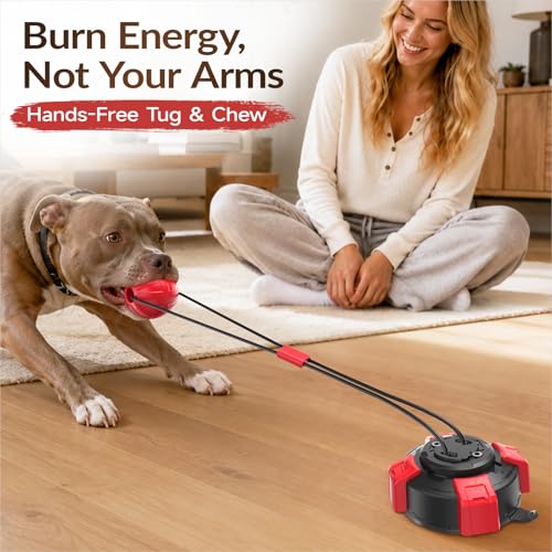 Dog Suction Cup Tug of War Toy, Interactive Self Play Dog Ball Toy with Chew Rope, Indestructible Bite Resistant Pet Training Tug Toy for Small Medium Large Dogs (Black red)