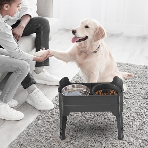 4-in-1 Elevated Slow Feeder Dog Bowls, 4 Height Adjustable Mess Proof Raised Dog Bowl Stand with Licking Plate, 2 Stainless Steel Dog Food Bowl & Slow Feeder for Large Medium Small Dogs Pets - color: Grey, size: 1 Slow Feeder + 2 Stainless Steel Bowls