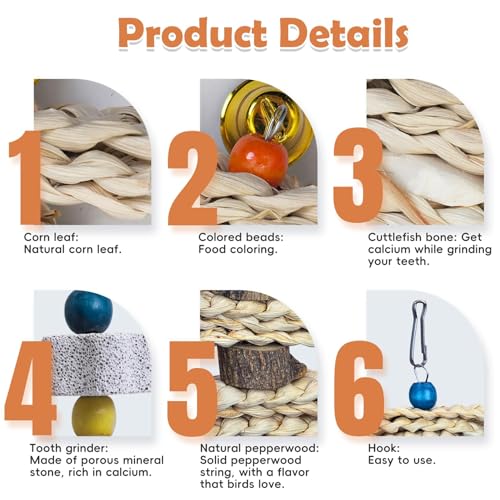 PINVNBY 3 Pack Parrot Toys Chewing Bird Toy Cuttlebone Beak Grinding Stone Cage Hanging Toys with Bell for African Greys Amazon Conure Eclectus Budgies Parakeet Cockatiel Hamster Chinchilla