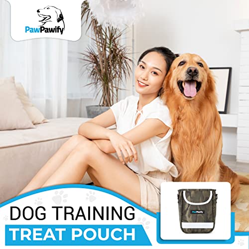 Dog Training Treat Pouch – Treat Bag for Dog Training with Built-in Poop Bag Holder – Waist Dog Training Pouch with Reflective Strips – Fanny Pack for Dog Training - color: Camo Green