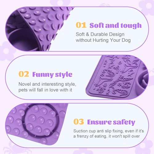 Silicone Lick Mat for Dogs & Cats – Slow Feeder Dog Bowl, Non-Slip Licking Mat for Large & Small Breeds, Puzzle Feeder & Snuffle Mat for Fast Eaters, Interactive Pet Food Mat with Measuring Spoon - color: Purple With Spoon