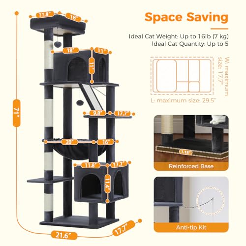 71" Cat Tree for Indoor Cats,Multi-Level Cat Tower with Large Hammock - color: Dark Grey, size: 71 Inches