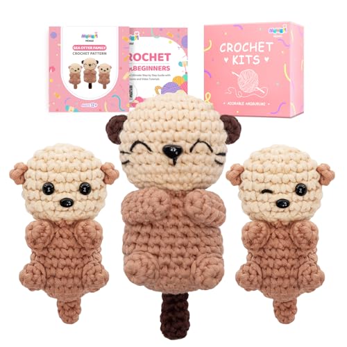 Mewaii Crochet Kit for Beginners, 3 Pack Sea Otter Craft Set - color: Light Brown