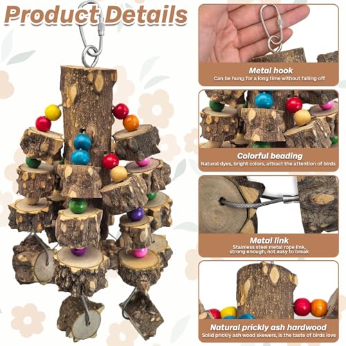 PINVNBY Large Bird Parrot Toys, Natural Wooden Blocks Chew Toy, Durable Cage Bite for African Grey Cockatoo Macaws Cockatiels Eclectus Large Medium Parrots (Small Size, Wire Link) - size: B: Wire Link, Pepper Wood