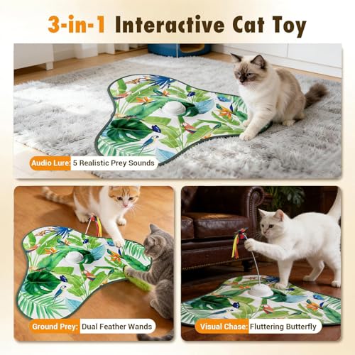 Interactive Cat Toys for Indoor Cats,Hide and Seek Cat Toys with Moving Concealed Wand Feather,Mouse Squeaky,Rechargeable Touch Activated Cat Kitten Toy for Indoor Bored Adult Cats(Green) - color: Green