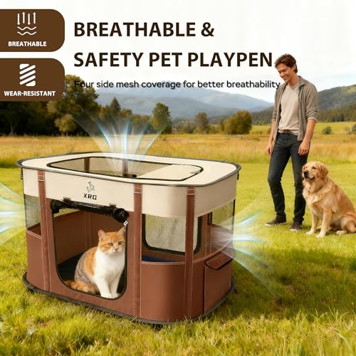 XRG Foldable Pet Playpen,Indoor Cat cage Puppy Crates L(35.4"x27.6"x23.6") - color: Brown, style: Large（35.4"L x 27.6"W x 23.6"H）