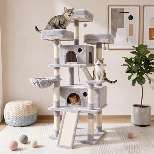 70 Inch Tall Cat Tree Tower for Indoor Cats, Multi-Level Large Cat Condo with Scratching Posts, Hammock & Perches, Sturdy Activity Center for Big Cats/Light Grey - color: Light Grey