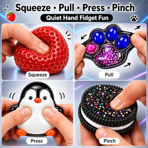4PCS Cute Squishy Toys Set Strawberry Cookie Penguin Hamster Mochi Fidget Sensory Toy for Stress Relief Anxiety Calming Washable Desk Accessories Party Favors Gifts for Kids Adults