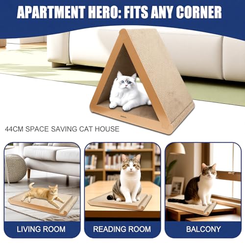 3 Pack Cardboard Cat Scratcher & Scratch Pad, Buildable Triangle Cat House w/ 6-Sided Use, Furniture Protection for Indoor Cats