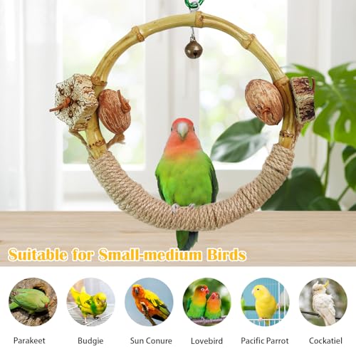 Circle Bird Swing with Bell,Bamboo Parakeet Rope Perches for Cage Ring Bird Swings Chewings Nuts Toys for Parrots Cockatiels Lovebirds Budgie - size: 【 Small Bell】