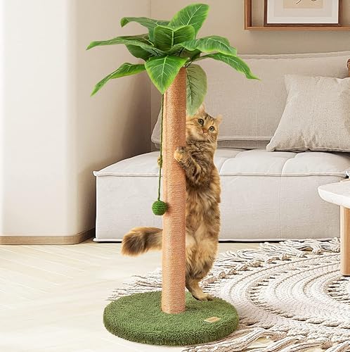 Meowoou Cat Scratching Post 33 Inch Tall Cat Scratcher for Indoor Cats Adults,Small Cat Tree Tower Sisal Rope Kitten Scratch with Interactive Hanging Ball - size: 33 in Green Post
