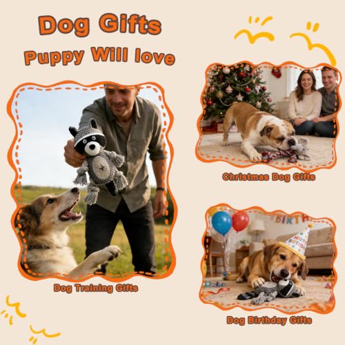 Elephant Rope Dog Toy, Plush Raccoon Squeaky Dog Toy, 2 Pack - color: Grey, Red