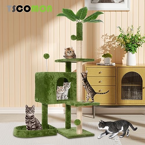 52" Cat Tree Cat Tower for Indoor Cats with Green Leaves, Multi-Level Cozy Plush Cat Condo Cat House Scratching Posts for All Breeds Sizes