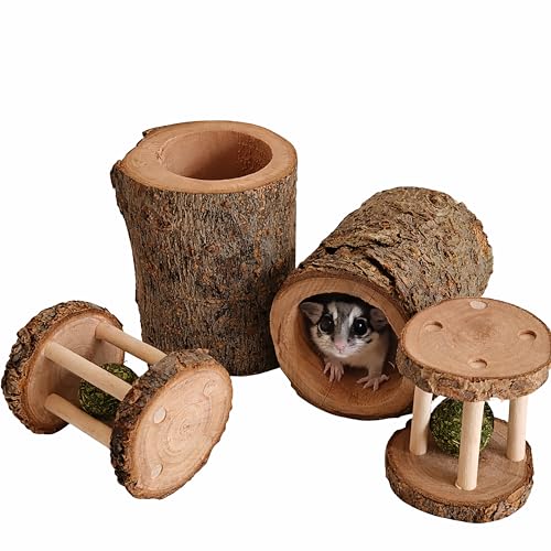 4 PCS Natural Apple Wood Hamster Tunnel and Roller Toy Set Small Animal Hideout and Chew Toys for Dwarf Hamsters Mice Gerbils Rats Sugar Gliders Cage Enrichment Accessories (Style-B) - color: B