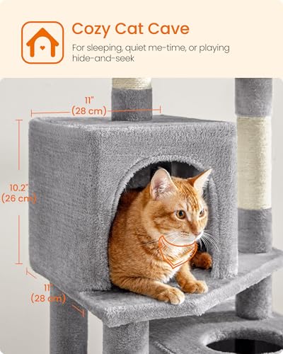 Feandrea Cat Tree, 59.5-Inch Tall Cat Tower, Multi-Level Condo, Light Gray - color: Light Gray, size: 59.5 Inches