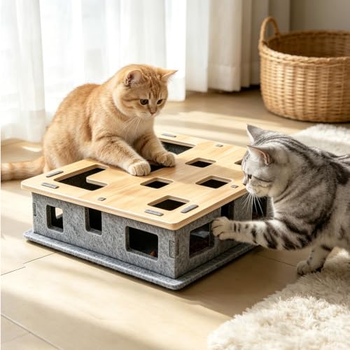 Wooden Felt Cat Slow Feeder Puzzle Box