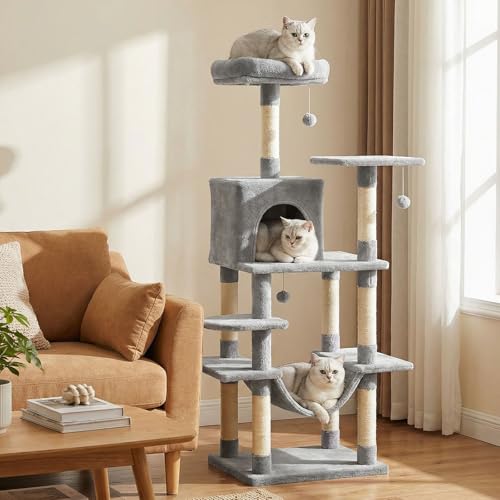 Tangkula 58 Inch Cat Tree Tower, Multi-Level Cat Tower with Sisal Scratching Posts, Padded Top Perch, Condo & Hammock, 3 Hanging Balls, Jumping Platforms for Indoor Cats (Light Gray) - color: Light Gray