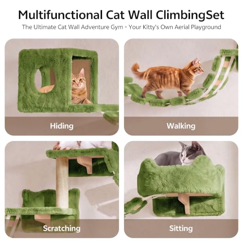 16-in-1 Cat Wall Shelves, Cat Furniture w/Tunnel & Bridge, Green - color: Green, size: 16-in-1