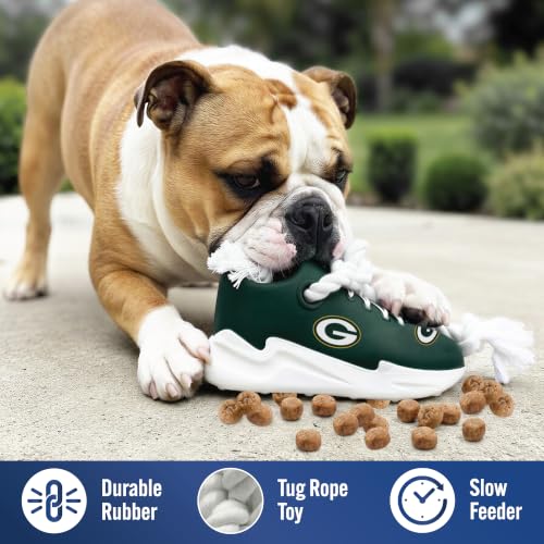 Pets First NFL Green Bay Packers Cleat Sneaker Spike Dog Toy, Football Treat Dispenser Chew Toy for Dogs, Interactive Rope Tug Toy, Slow Feeder Natural Rubber Dog Toy with Official Team Logo - color: Green Bay Packers