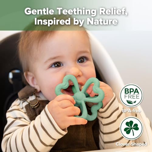 haakaa Silicone Clover Teether, Teethers for Babies 3 Months+, Pea Green - color: Pea Green