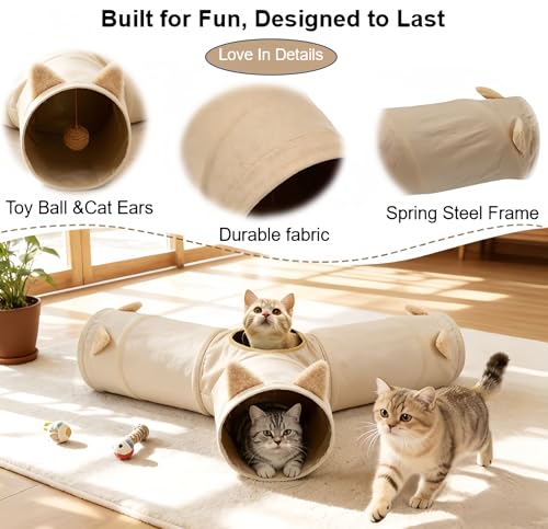 Cat Tunnel 3 Way Collapsible, Cat Ear Design with Crinkle Sound, Indoor Cat Toys Interactive, 4 Peek Holes Pet Play Tube for Cats, Kitten, Puppy, Rabbit, Brown (3-Way Brown Cat Ears) - size: 3-Way Brown Cat Ears